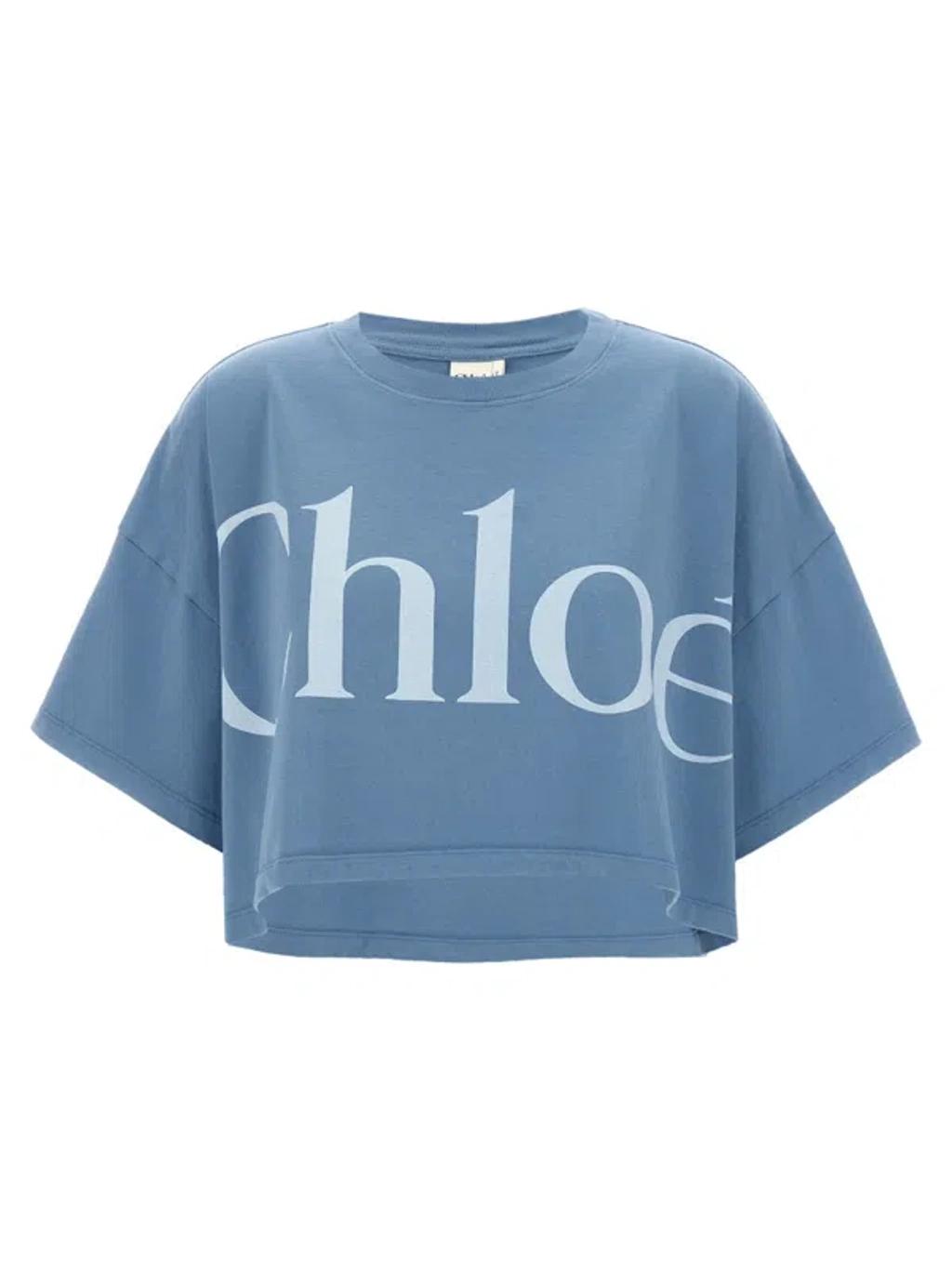 CHLOÉ Women Light Blue Jersey Cropped Logo T-shirt Product Image