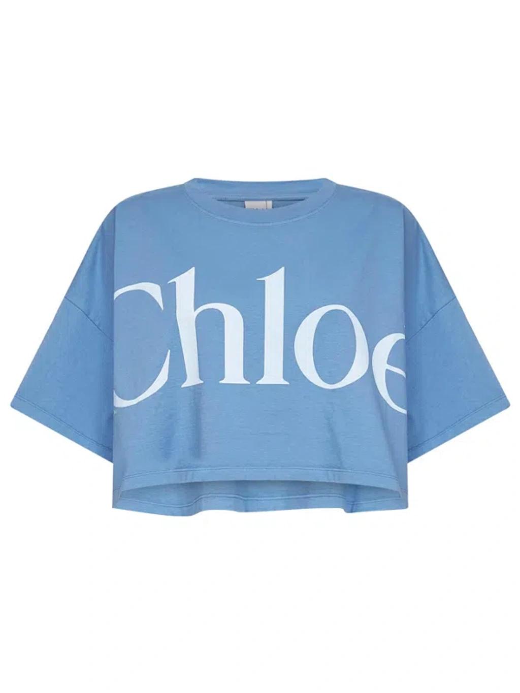 CHLOÉ Women Light Blue Jersey Cropped Logo T-shirt Product Image