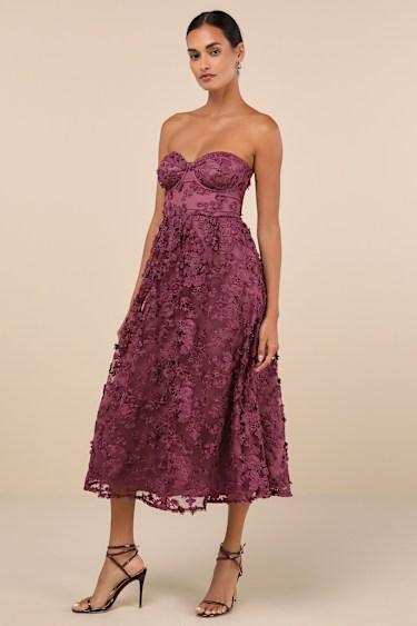 Quite Perfect Purple Floral Embroidered Strapless Midi Dress Product Image
