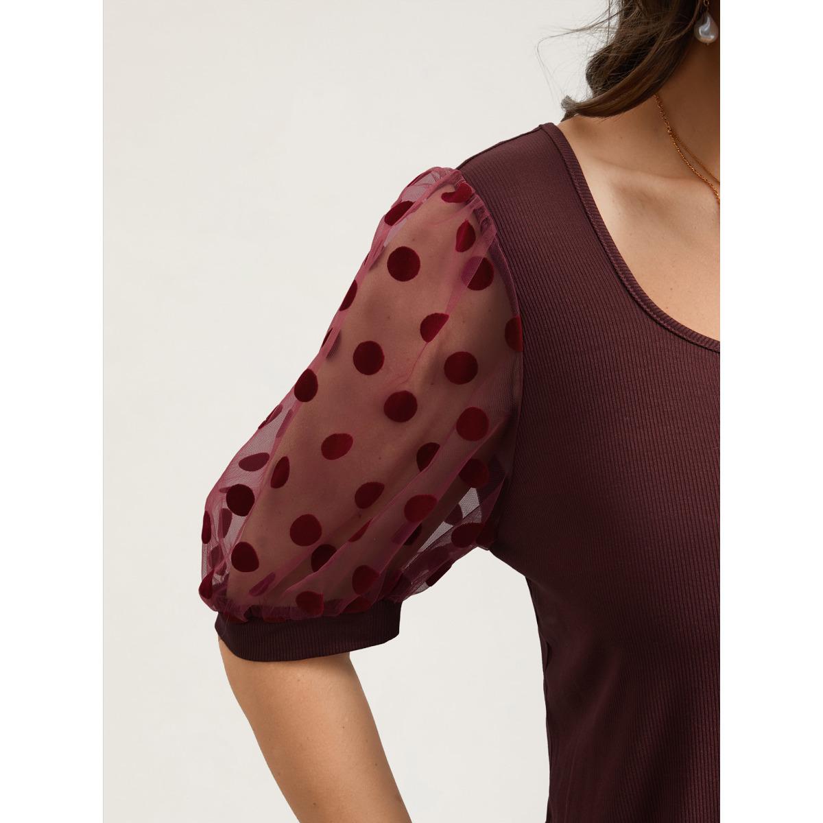 Plus Size Polka Dot Sheer Sleeve Square Neck T-Shirt Burgundy Women Elegant Texture Square Neck Bodycon Everyday T-shirts BloomChic 10/M Product Image