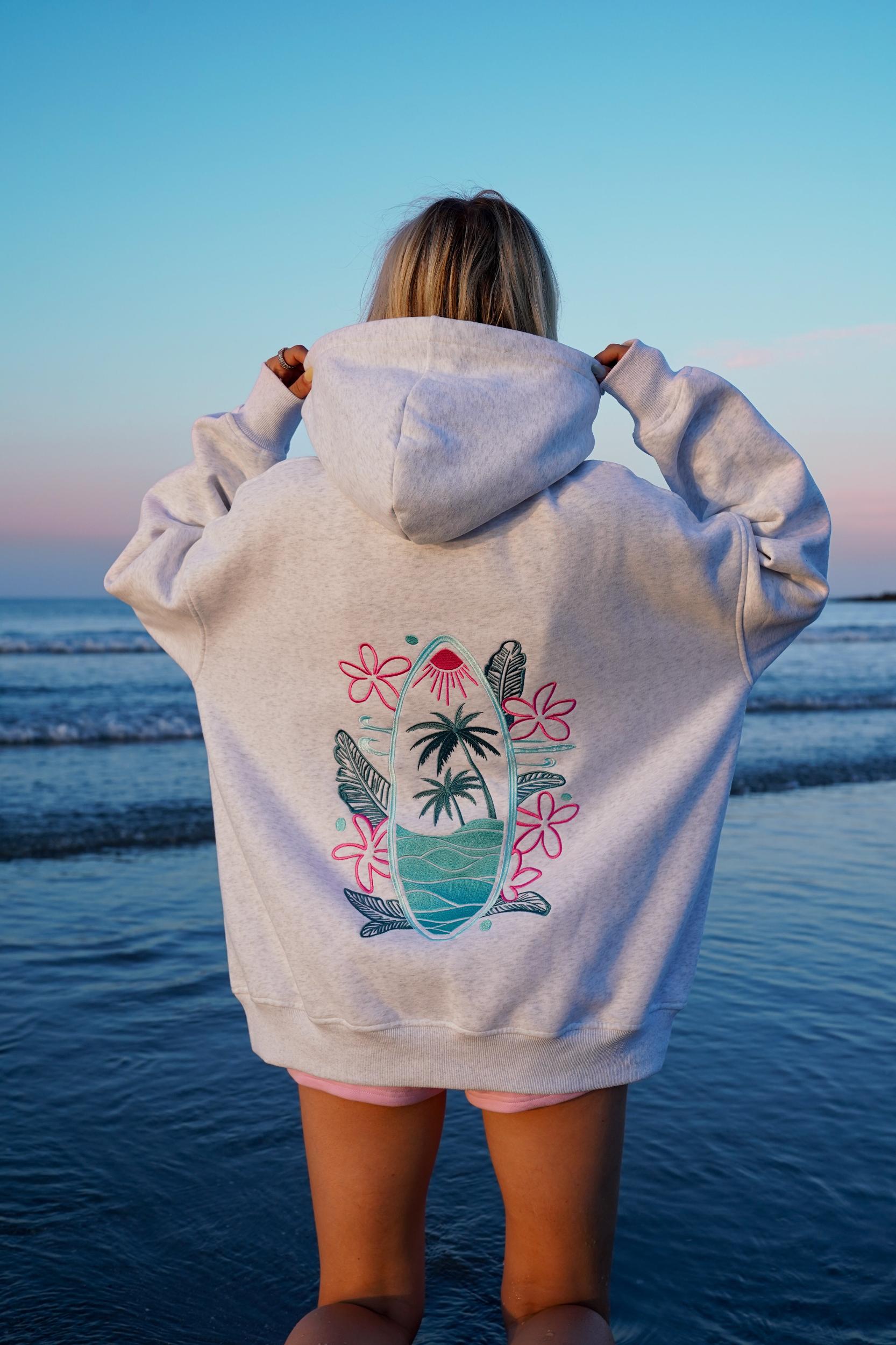 Pearl Grey Surfing The Waves Embroider Hoodie Product Image
