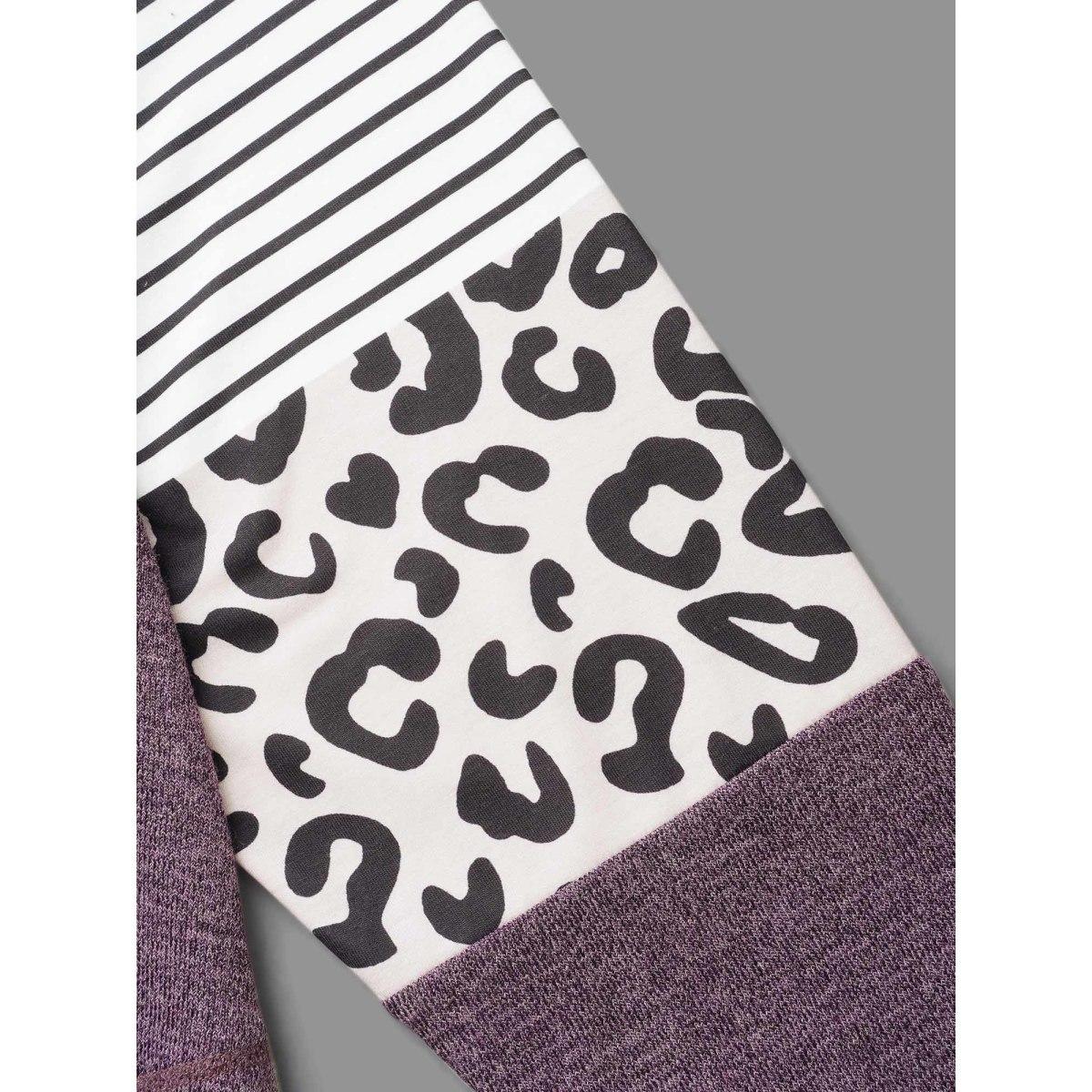 Plus Size Striped Patchwork Leopard Pocket T-shirt Eggplant Women Casual Contrast Round Neck Loose Everyday T-shirts BloomChic 18-20/2X Product Image