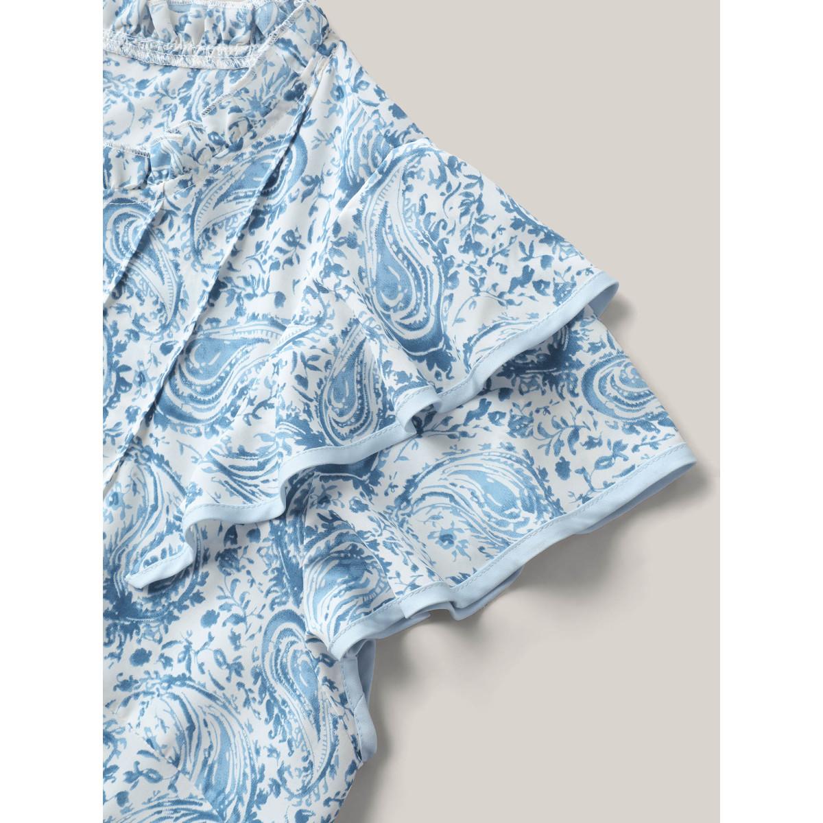 Plus Size LightBlue Paisley Print Ruffled Layered Sleeve Blouse Women Boho Cap Sleeve Round Neck Vacation Blouses BloomChic 22-24/3X Product Image