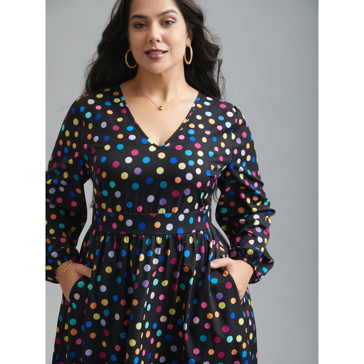 Plus Size Multi-Color Polka Dot Stretchy-Waist Dress Black Women Elegant Non V-neck Long Sleeve Curvy BloomChic 14-16/1X Product Image