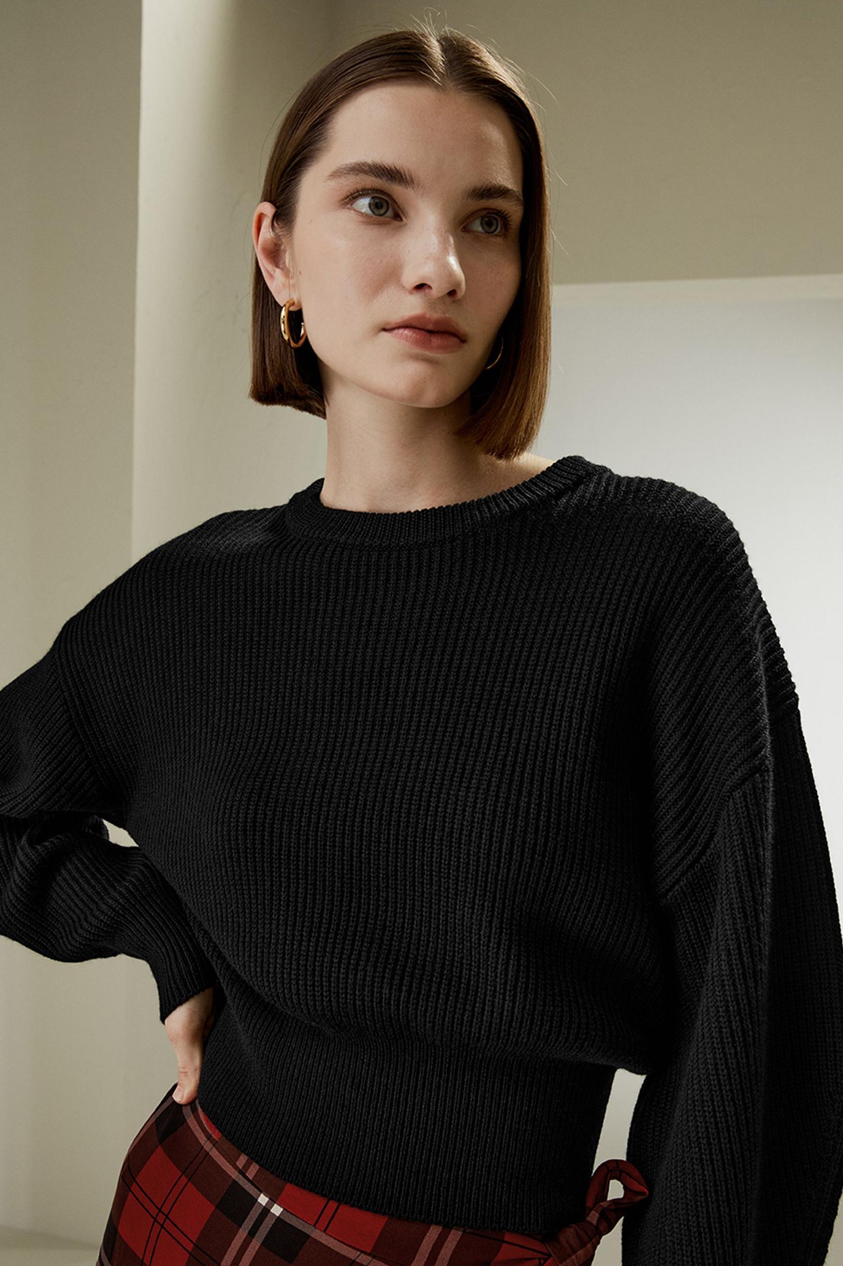 Round Neck Drop-Shoulder Merino Wool Sweater Product Image