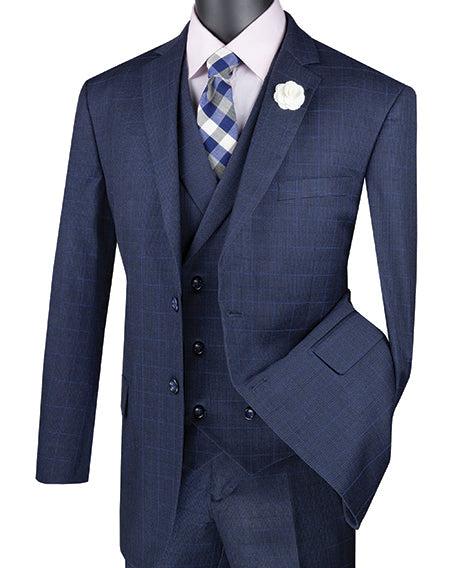 Venetian Collection - Navy Regular Fit Glen Plaid 2 Button 3 Piece Suit Product Image