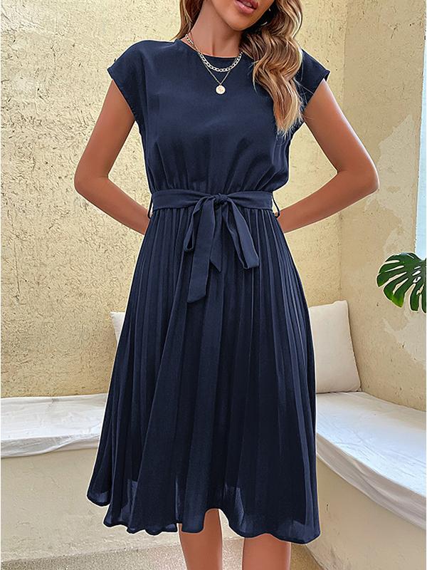 A-Line Loose Pleated Solid Color Tied Waist Round-Neck Midi Dresses Product Image