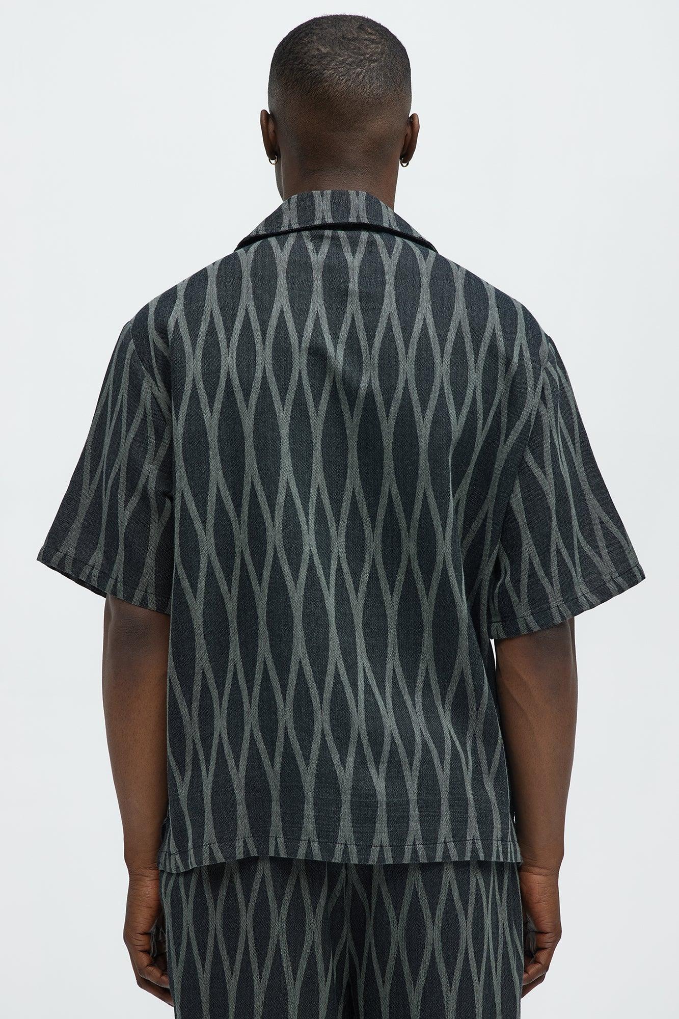 Waved Lines Cuban Collar Button Up Shirt - Black/combo Product Image