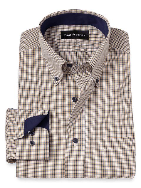 Non-Iron Cotton Check Dress Shirt With Contrast Trim - Navy/gold Product Image