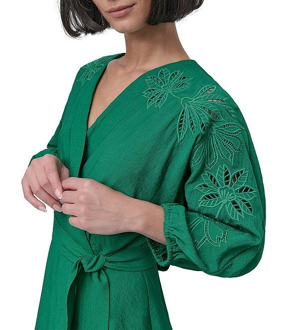 DKNY by Donna Karan Eyelet Surplice Neck 3/4 Sleeve Tie Belt Mini Dress Product Image