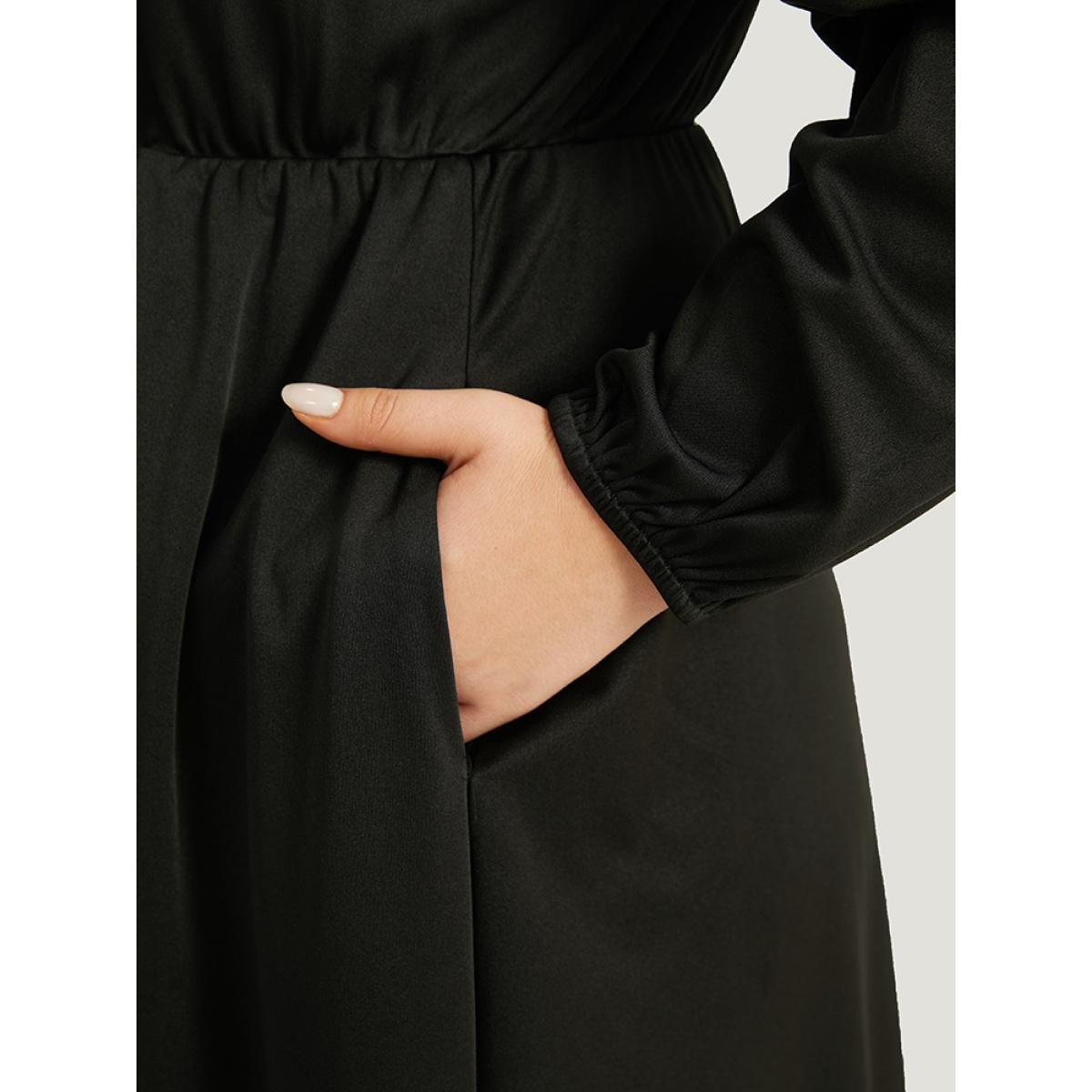 Plus Size Halloween Plain PU Crisscross Patchwork Pocket Dress Black Women Elegant Elastic cuffs V-neck Long Sleeve Curvy Knee Dress BloomChic 12/L Product Image