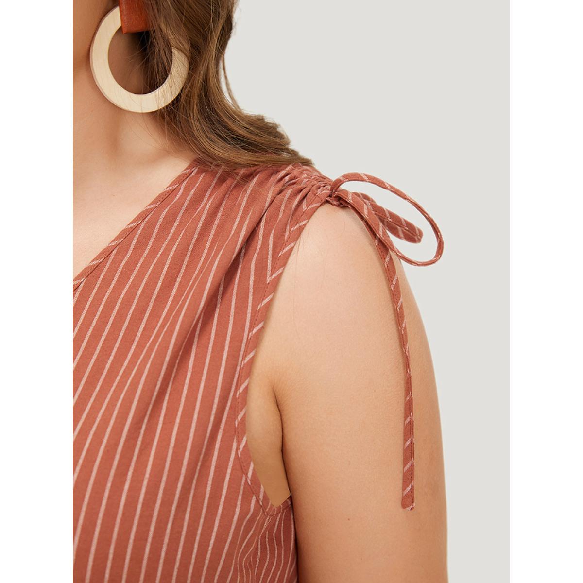 Plus Size Striped Print Pocket Shirred Drawstring Shoulder Dress Rust Women Vacation Contrast V-neck Sleeveless Curvy Midi Dress BloomChic 12/L Product Image