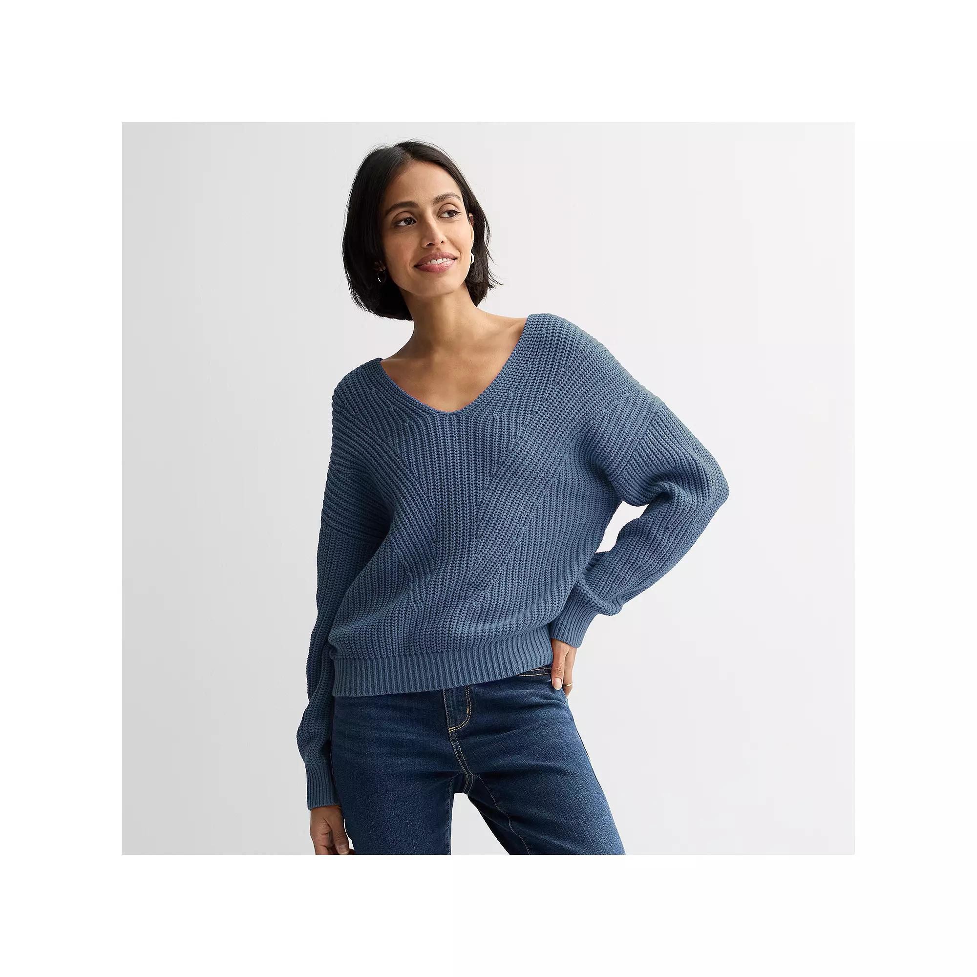 Women's Sonoma Goods For Life® Mixed Stitch V-Neck Sweater, Size: Large, Blue Product Image
