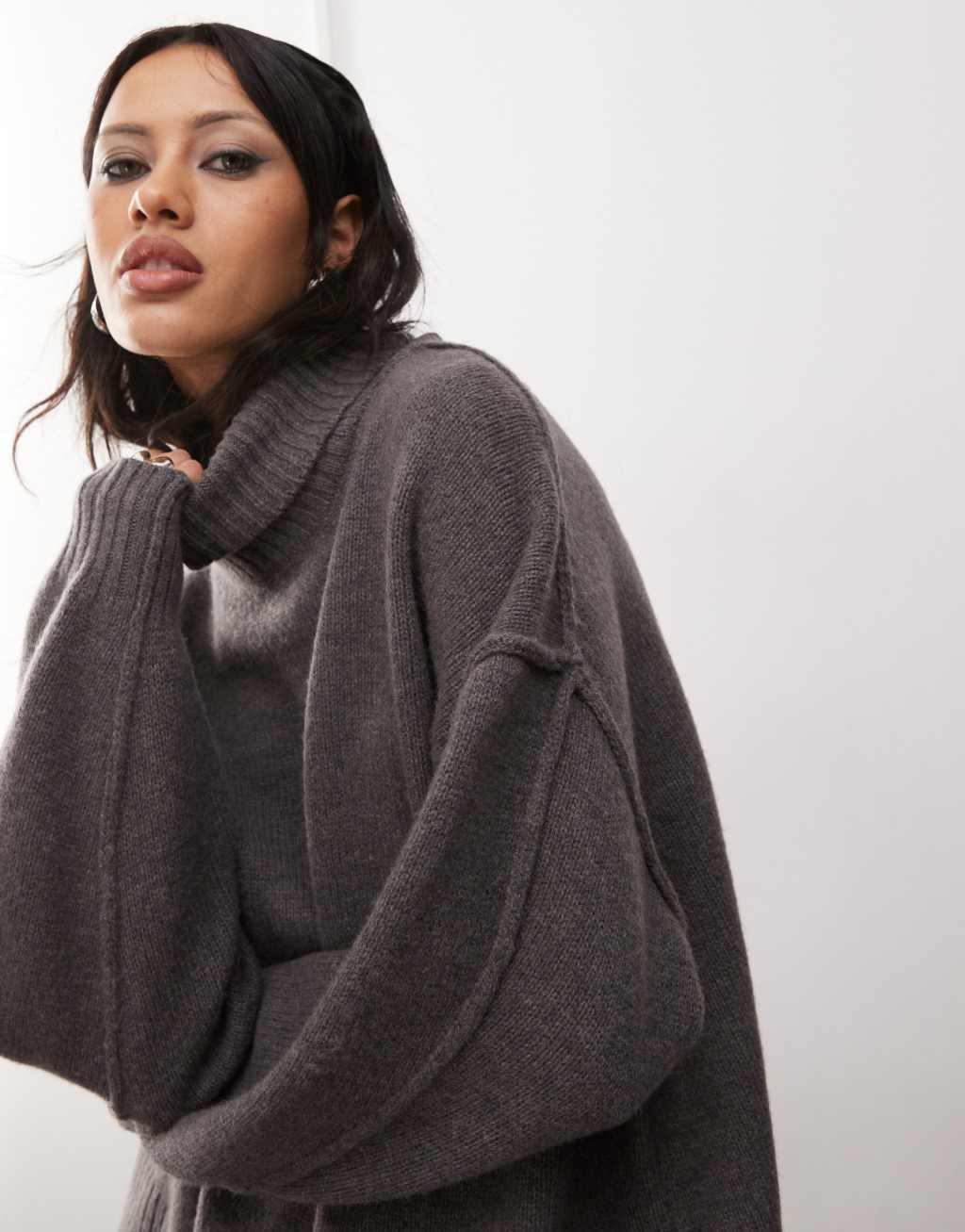 Weekday Dita wool turtle neck sweater in mole melange Product Image