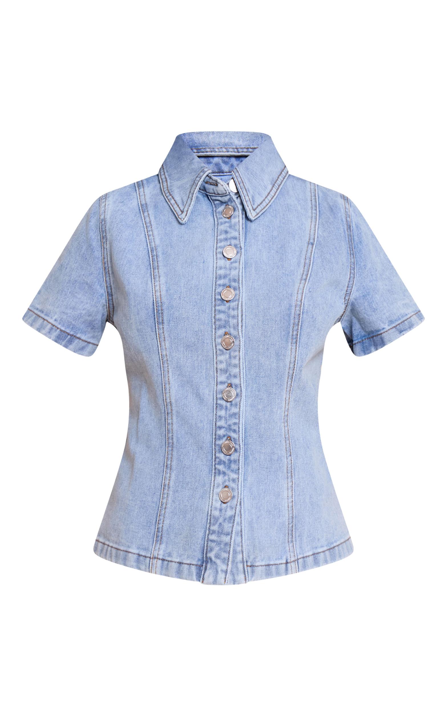 Petite Light Blue Denim Button Up Short Sleeve Shirt Product Image