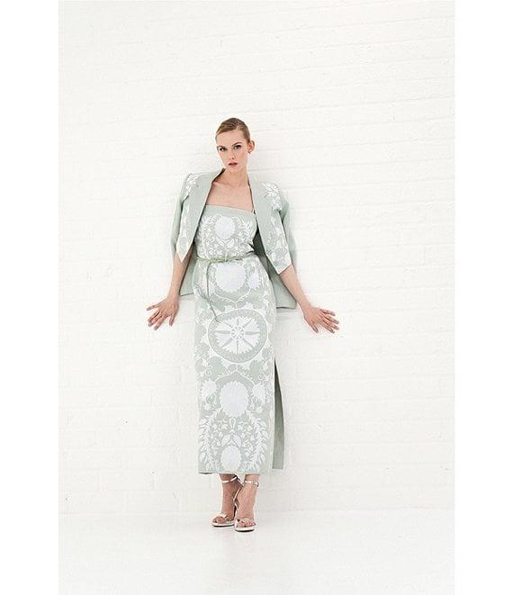 Le' AL.X Linen Embroidered Square Neck Sleeveless Spaghetti Strap Braided Belt Column Side Slit Maxi Coordinating Dress Product Image