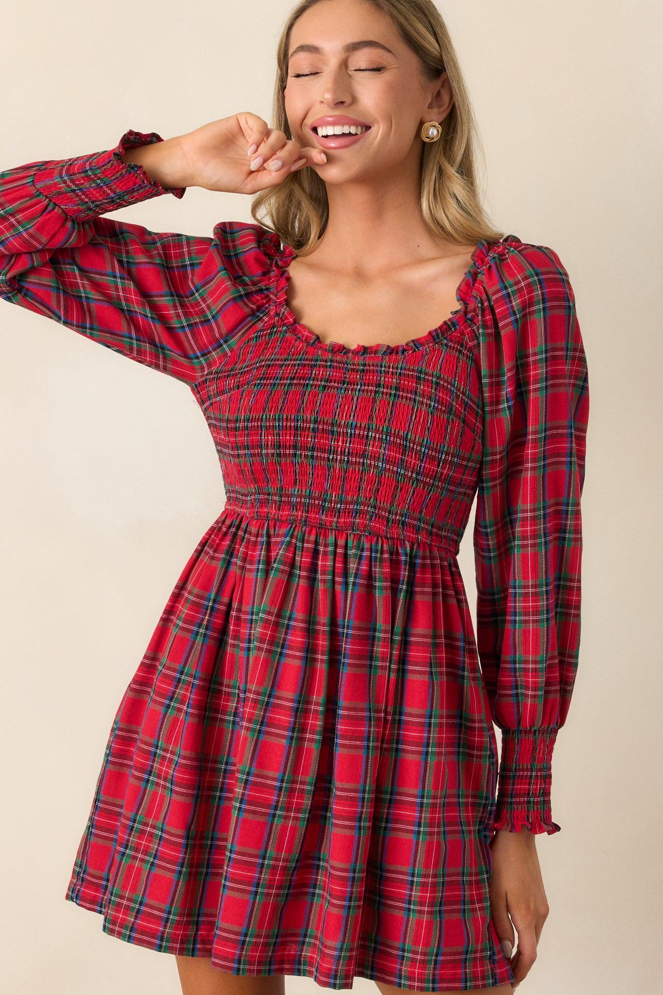 Dance With Me Cotton Red Plaid Long Sleeve Mini Dress Product Image