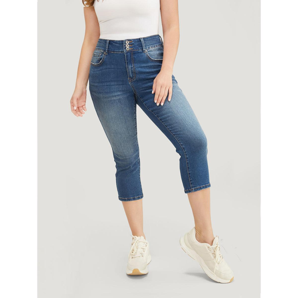 Plus Size Very Stretchy High Rise Medium Wash Cropped Jeans Women Blue Casual Plain High stretch Jeans BloomChic 22/3X Product Image