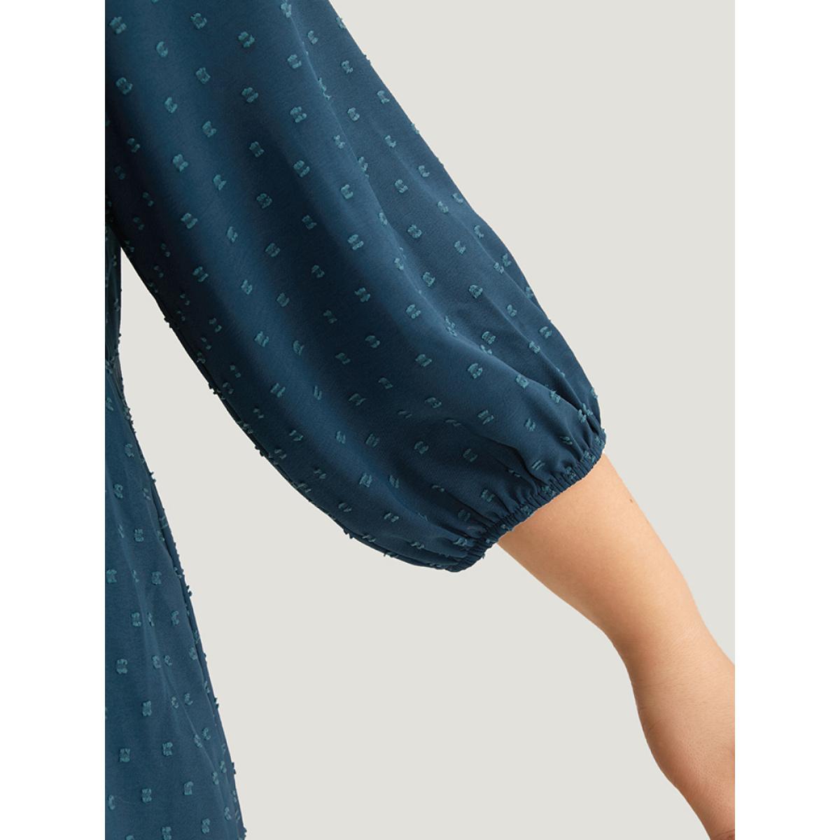 Plus Size Indigo Polka Dot Frill Trim Lantern Sleeve Blouse Women Elegant Elbow-length sleeve V-neck Dailywear Blouses BloomChic 12/L Product Image