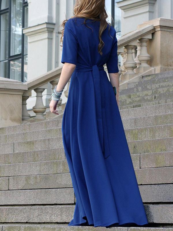 Half Sleeves High Waisted Solid Color Tied Waist V-Neck Maxi Dresses Product Image