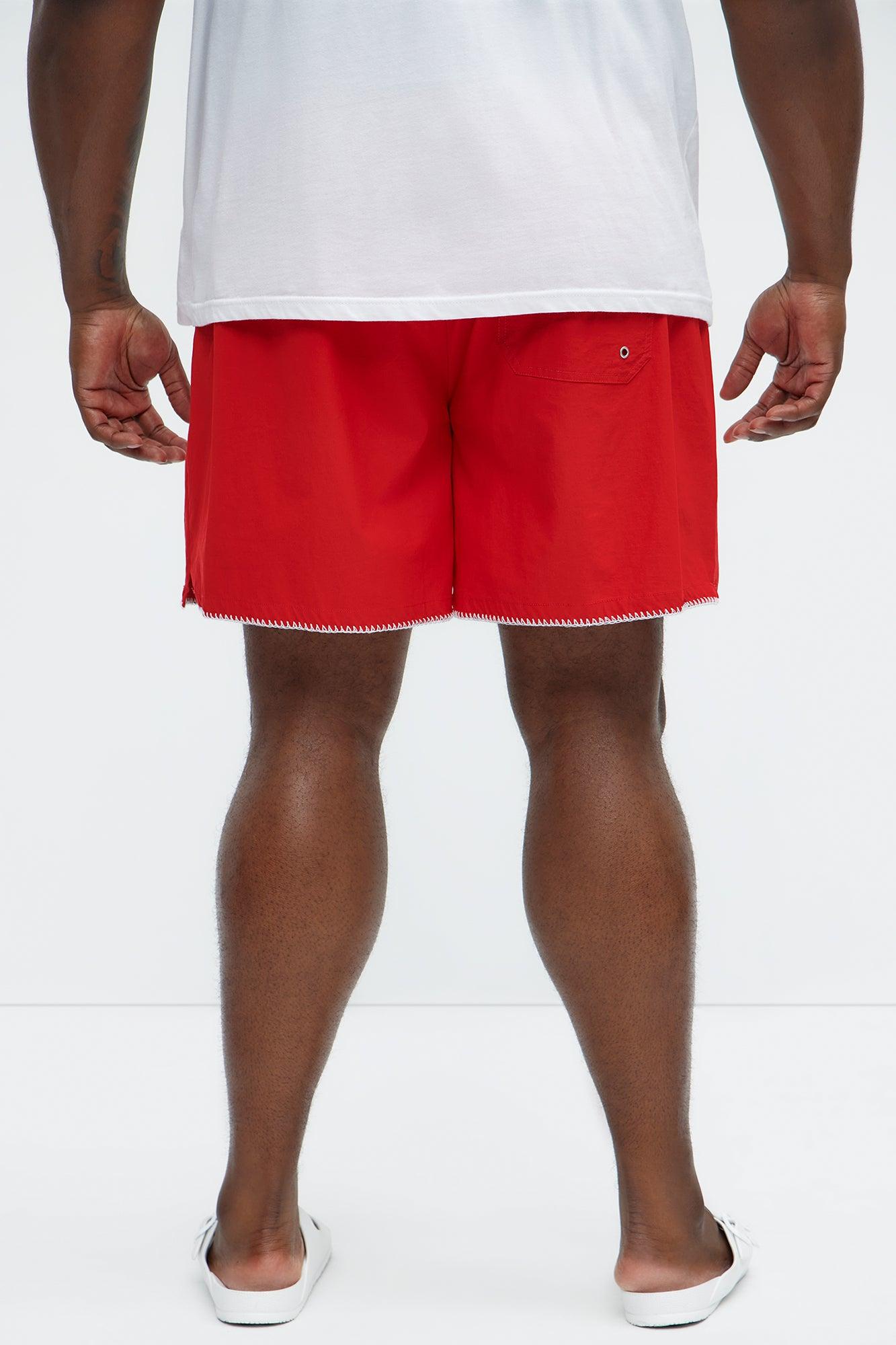 Palm Embroidered Swim Mid Trunk - Red Product Image