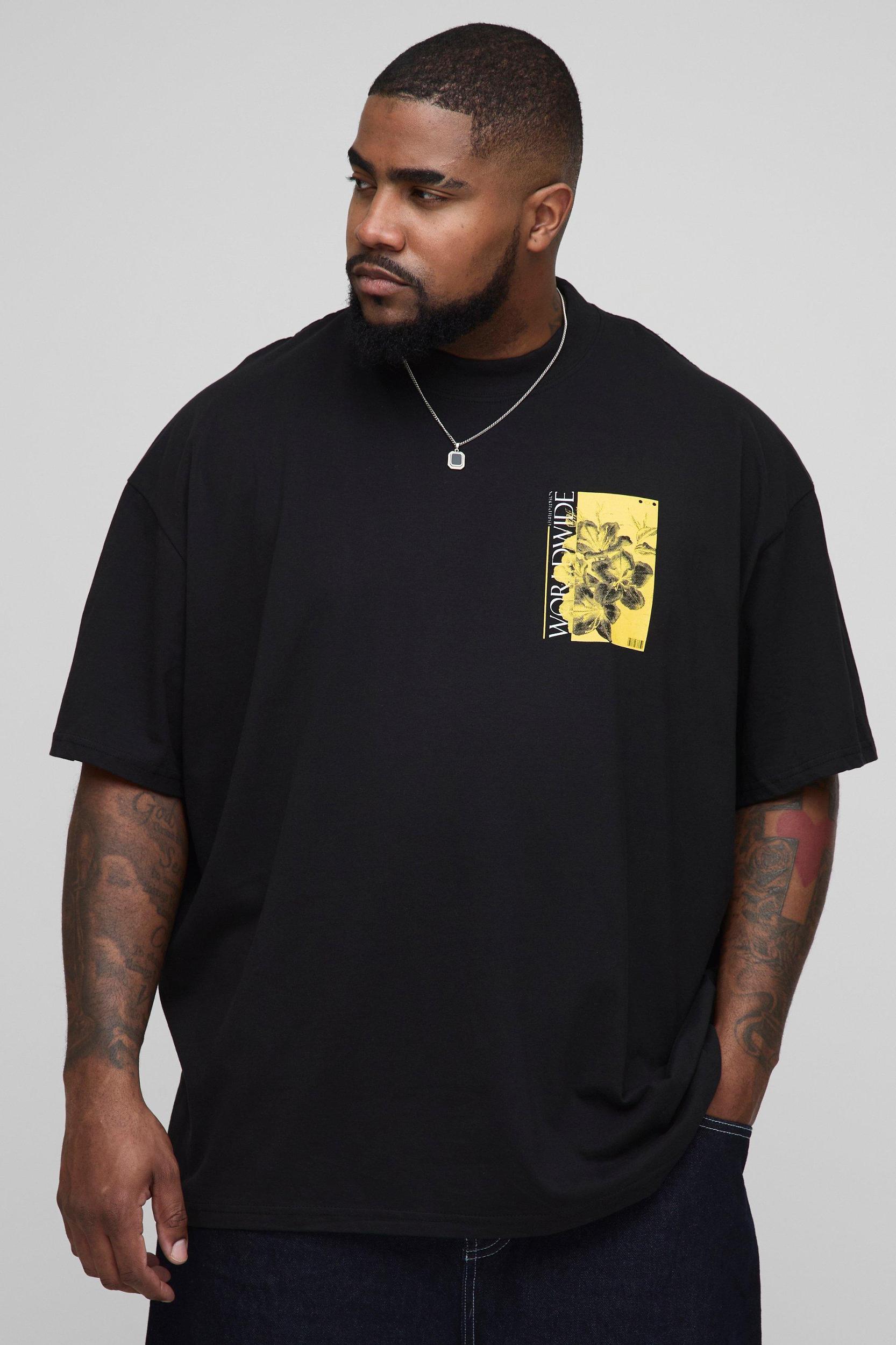 Plus Oversized Extended Neck Worldwide Floral Print T-Shirt | boohooMAN USA Product Image