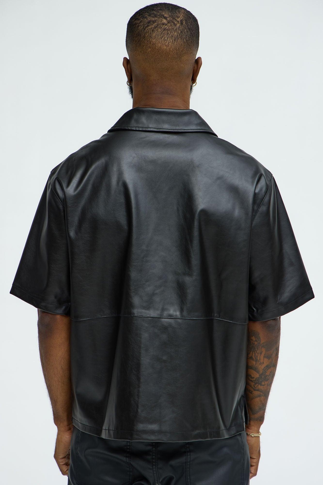 Slam Dunk Faux Leather Short Sleeve Button Up - Black Product Image