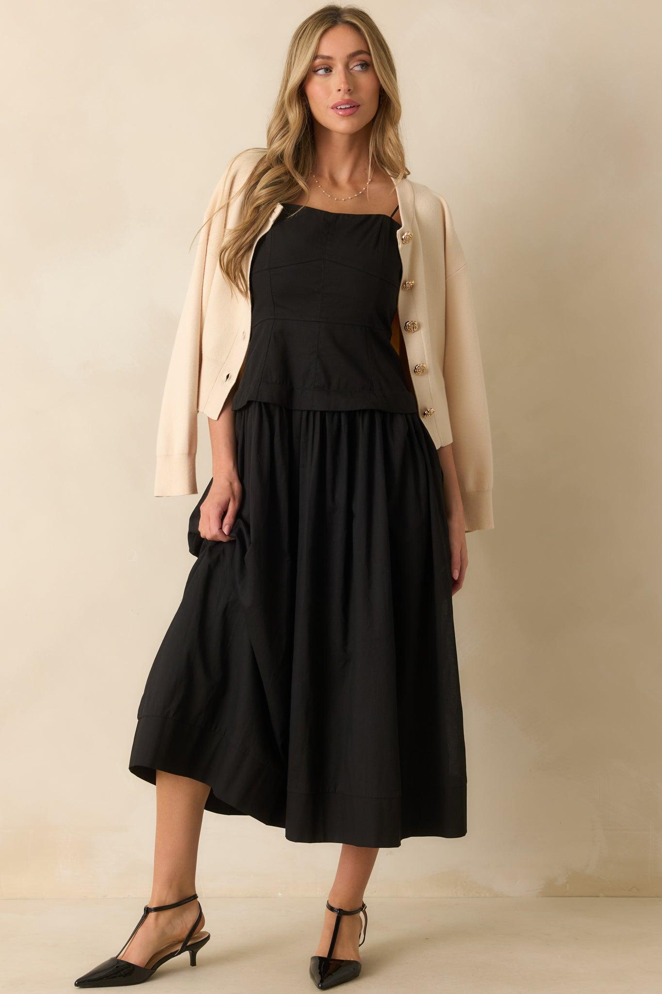 You Already Know Black Cotton Bustier Bodice Midi Dress Product Image