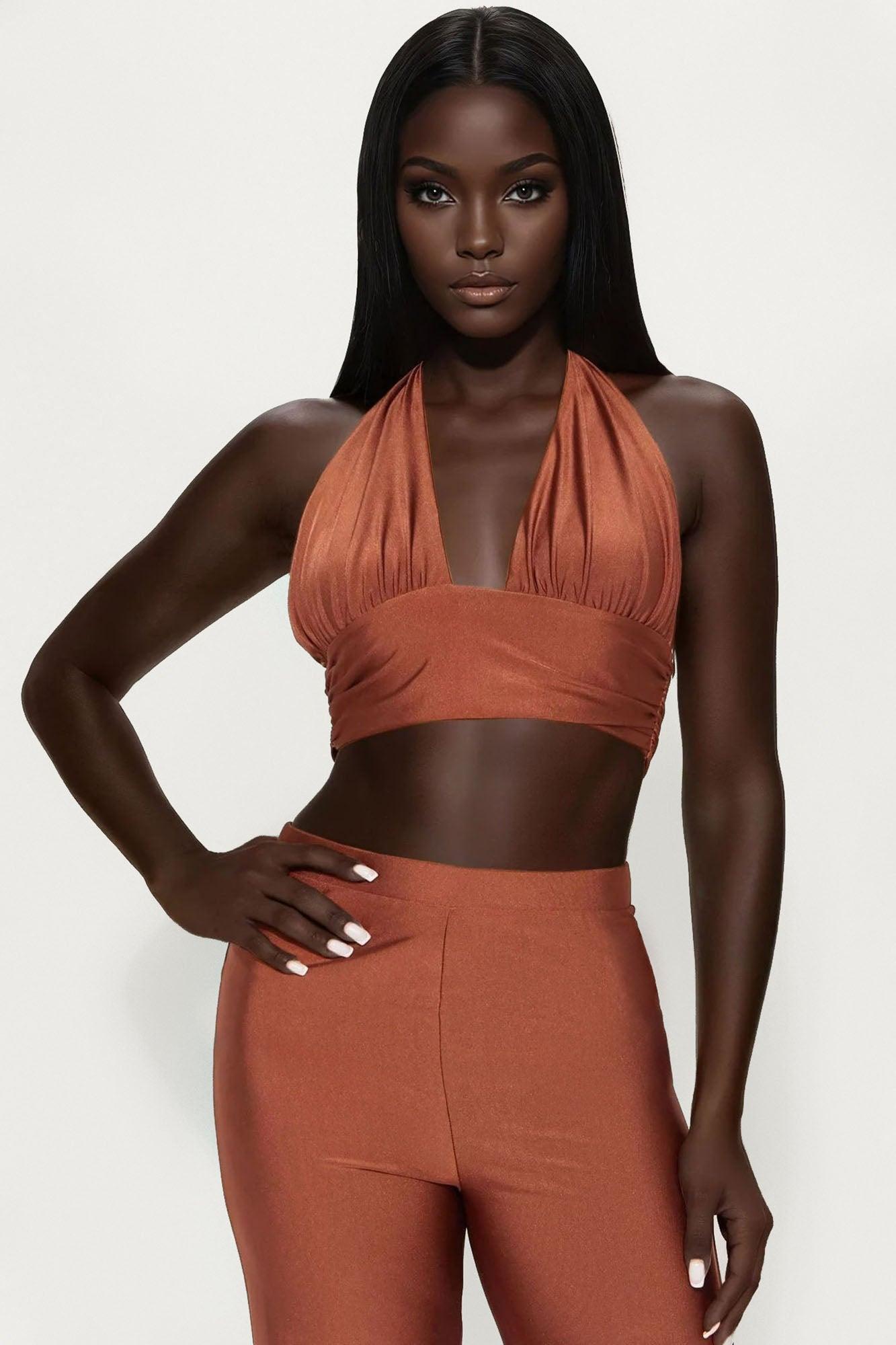 Sasha One Shoulder Wide Leg Pant Set - Brown Female Product Image