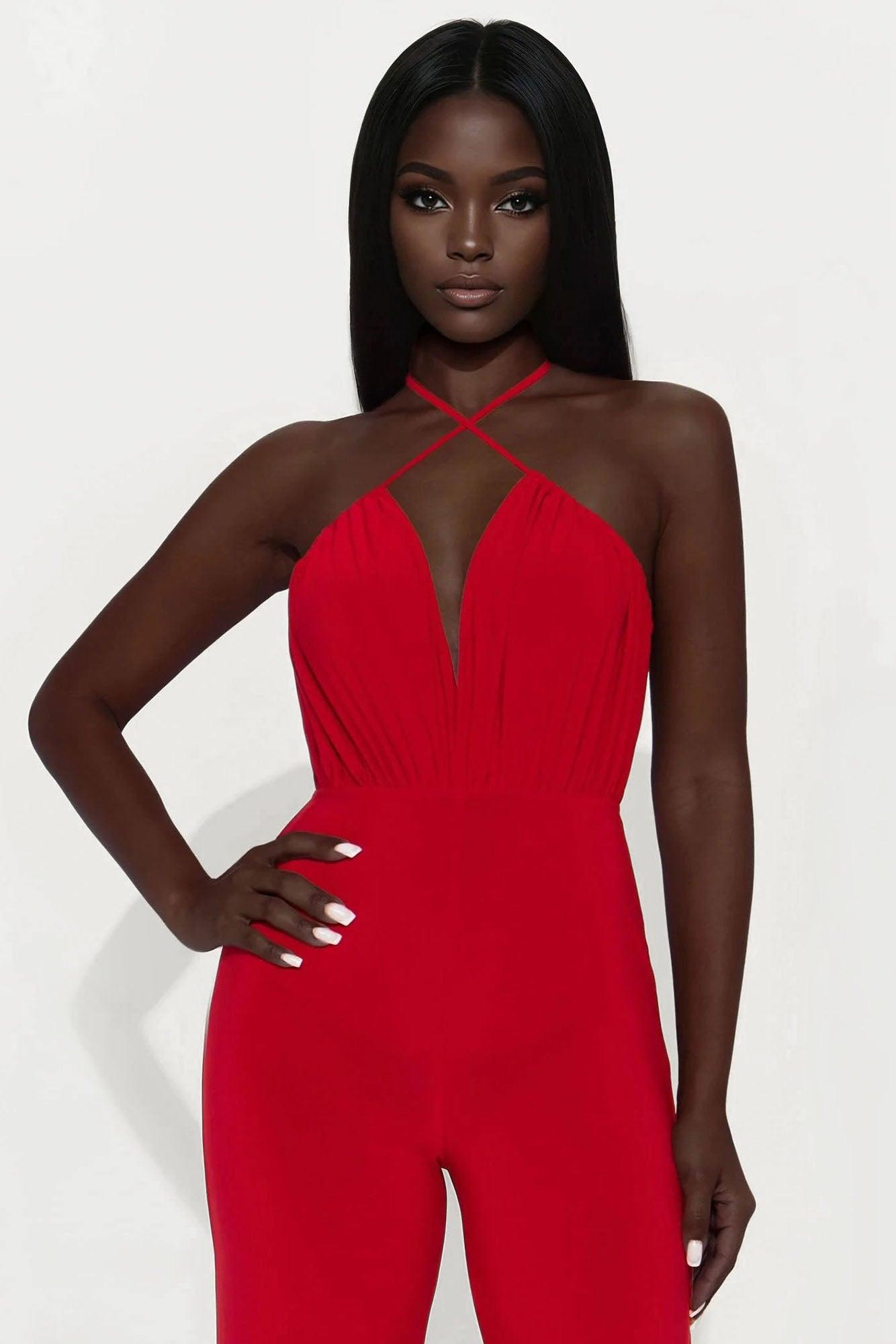 Bevia Criss Cross Halter Jumpsuit - Red Female Product Image