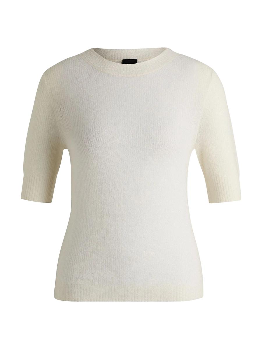 Womens Cropped-Sleeve Knitted Sweater in Textured Wool Product Image