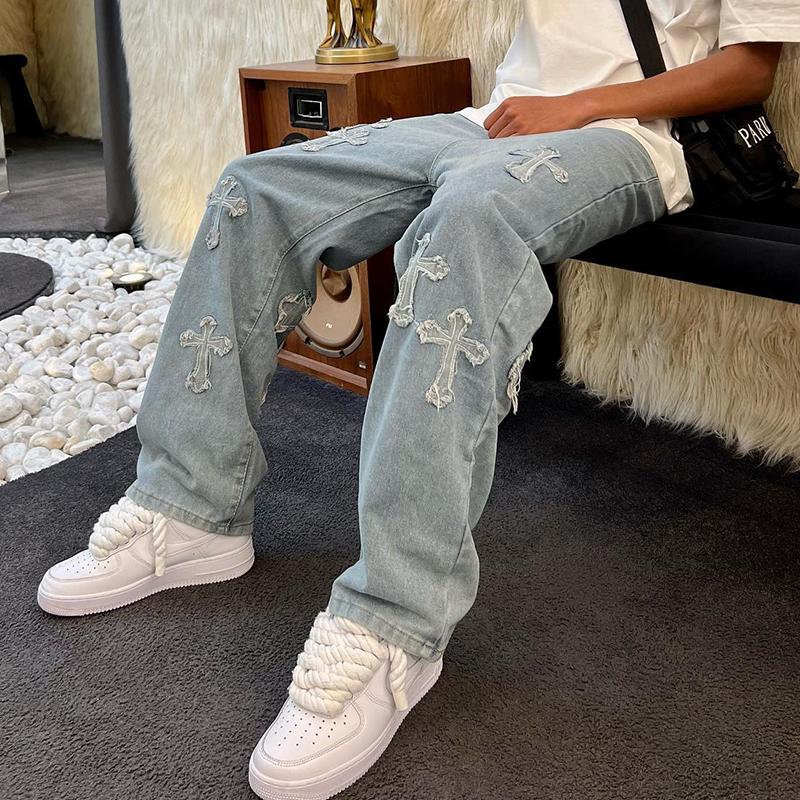 Men's Stylish Cross Cross Patch Street Jeans Product Image