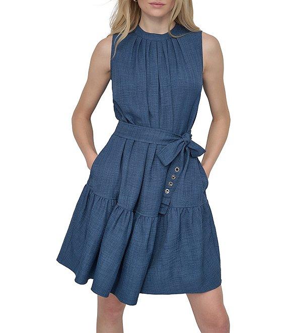 DKNY by Donna Karan Sleeveless Pleated Crew Neck Fit and Flare Dress Product Image