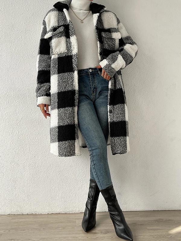 Plaid Tartan Lapel Neck Midi Jacket Product Image