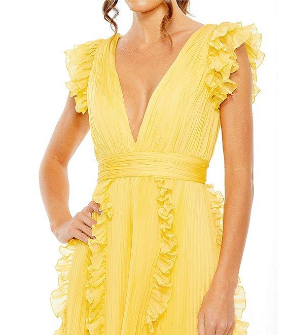 Mac Duggal Pleated Chiffon Deep V-Neck Flutter Sleeve Ruffle Midi Dress Product Image