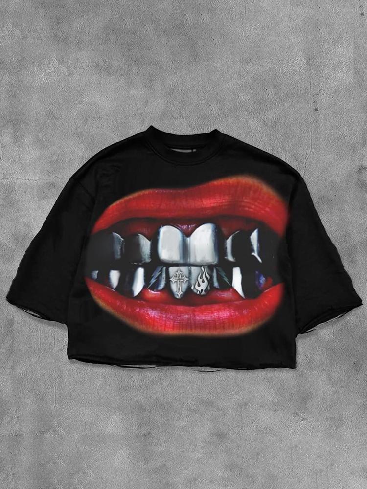 Mouth Printed Three-Quarter Sleeve Cropped T-Shirt Product Image
