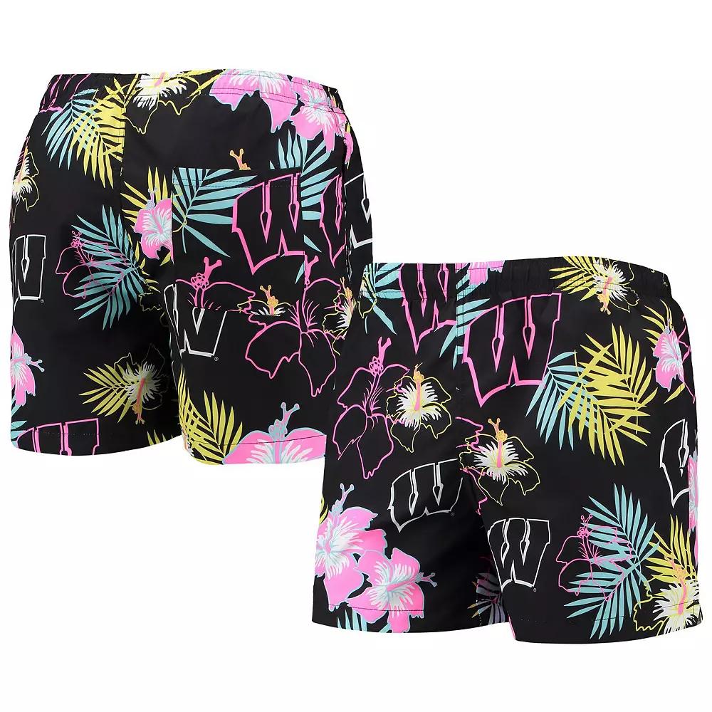 Men's FOCO Black Wisconsin Badgers Neon Floral Swim Trunks, Size: 2XL Product Image