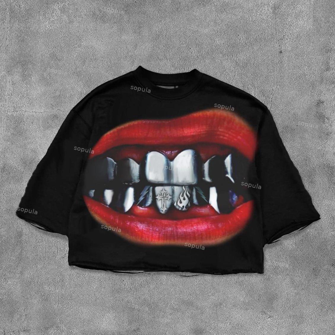 Mouth Printed Three-Quarter Sleeve Cropped T-Shirt Product Image