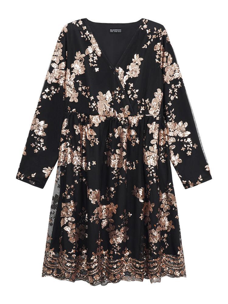 Floral Sequin Elastic Waist Mesh Wrap Dress Female Product Image