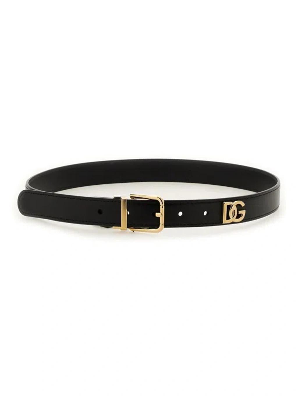 DOLCE & GABBANA Calf Leather Belt With Logo Plaque In Black Product Image