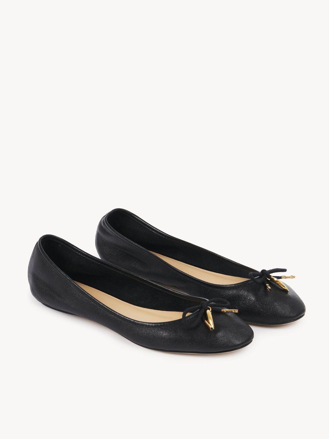 CHLOÉ Bow Detail Round Toe Flat Sole Ballerina Shoes In Black Product Image