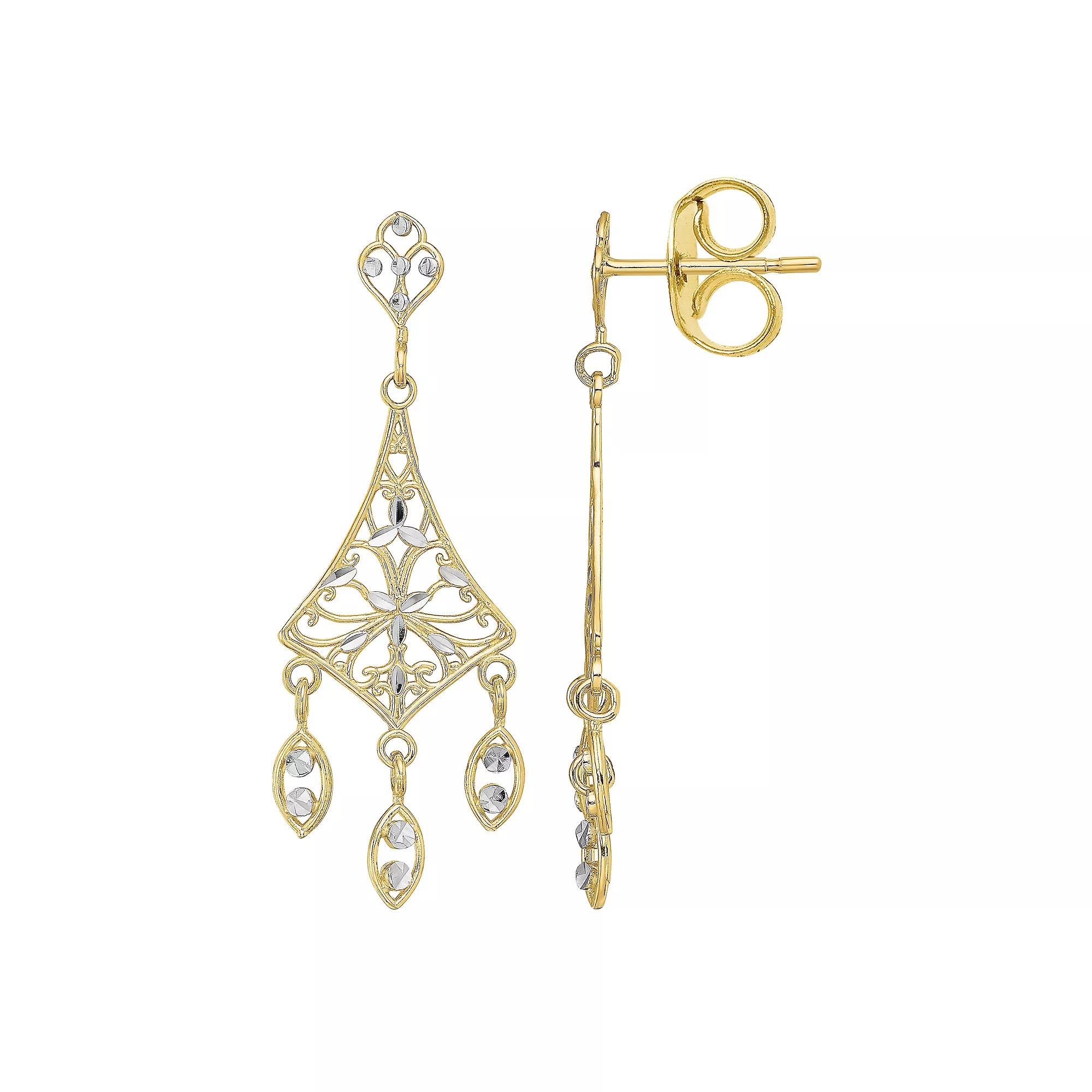 10k Gold Two Tone Filigree Chandelier Dangle Earrings, Women's Product Image