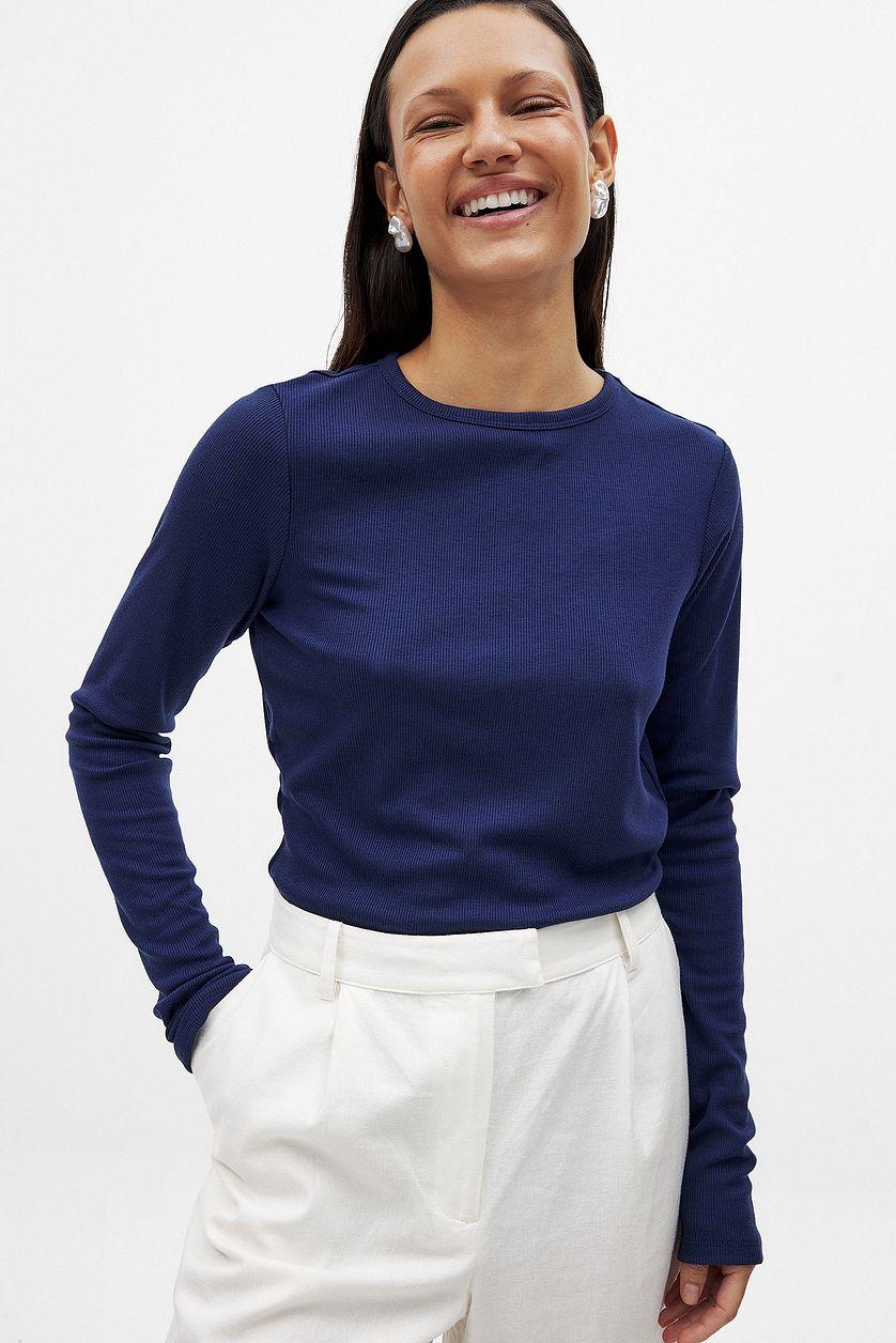 Round Neck Rib Long Sleeve Top Product Image