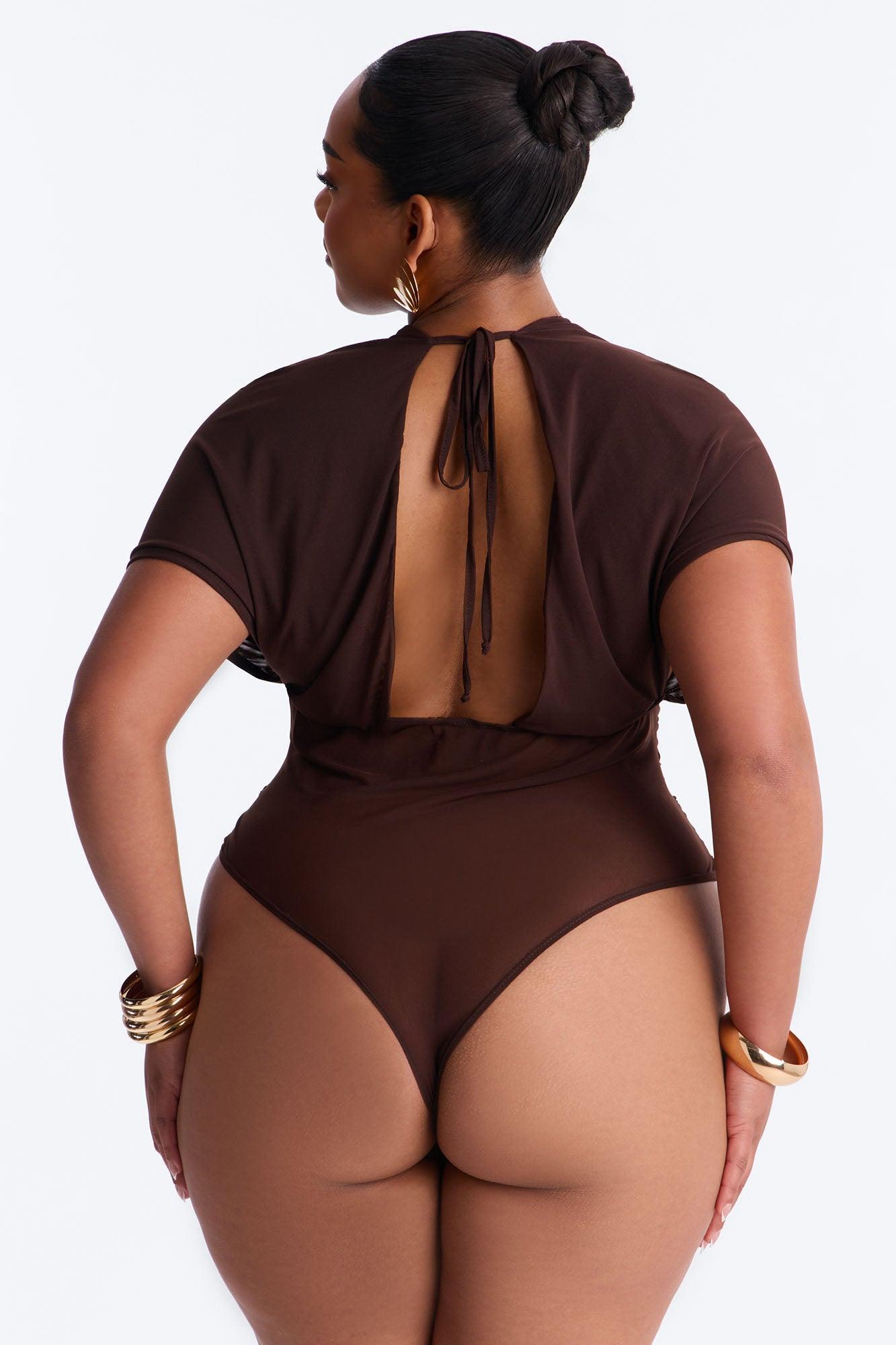Leilani Sheer Mesh Ruched Short Sleeve Bodysuit - Brown Female Product Image