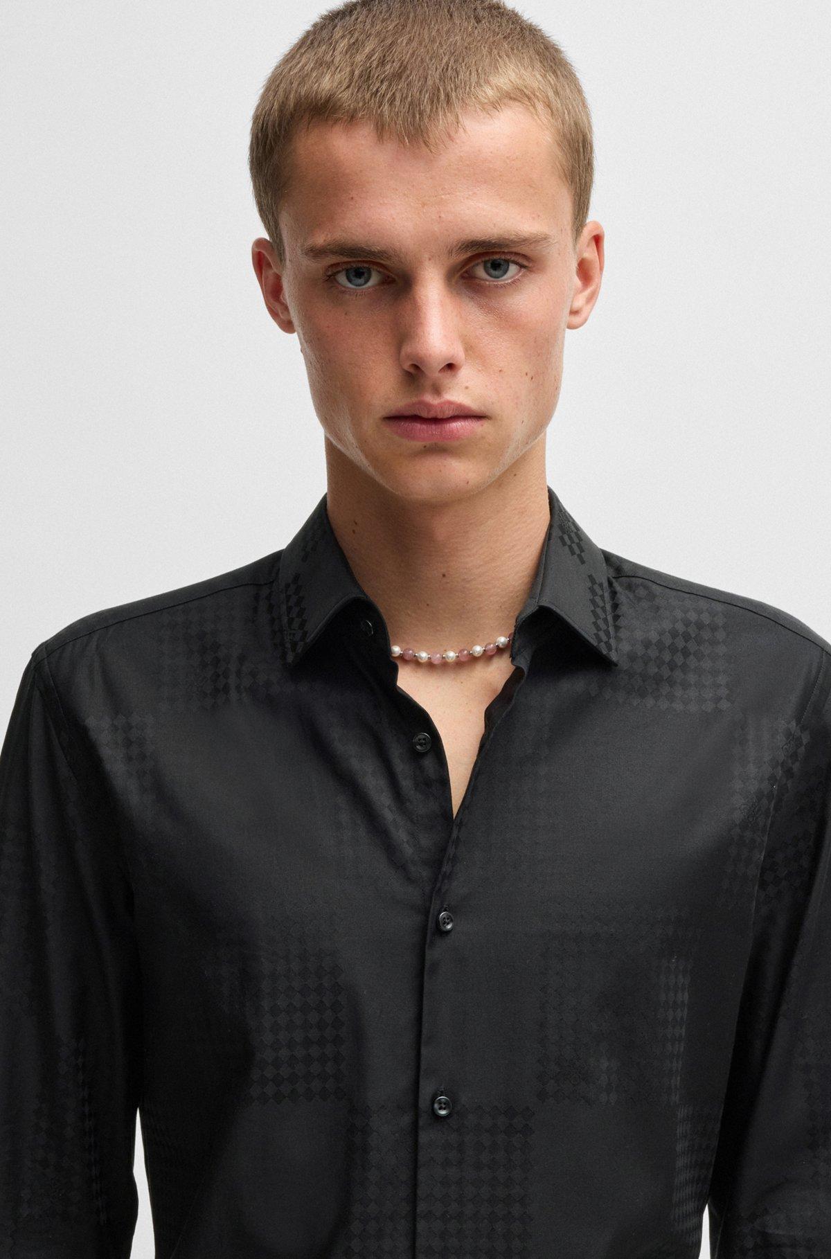 Slim-fit shirt in cotton jacquard with checkerboard print Product Image