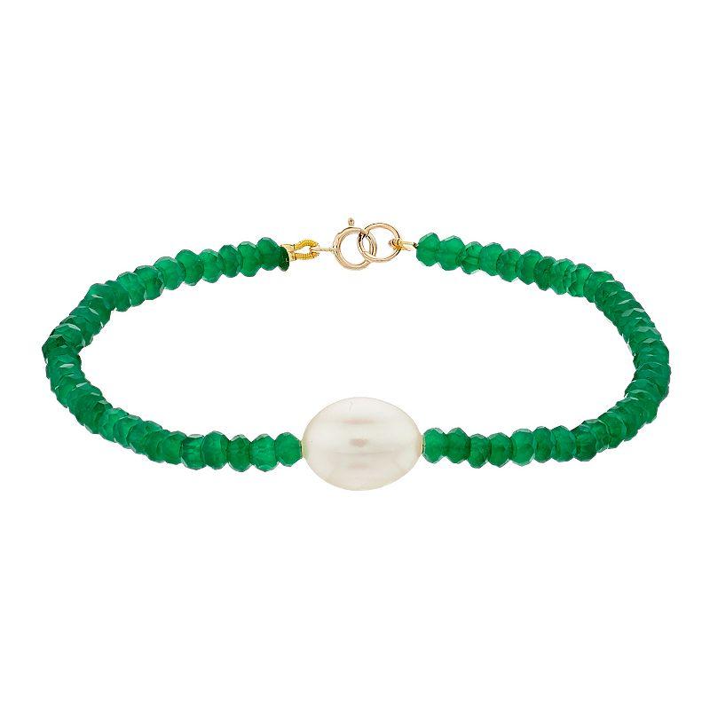 Jewelmak 14k Gold Green Onyx Rondelle Freshwater Cultured Pearl Bracelet, Women's Product Image