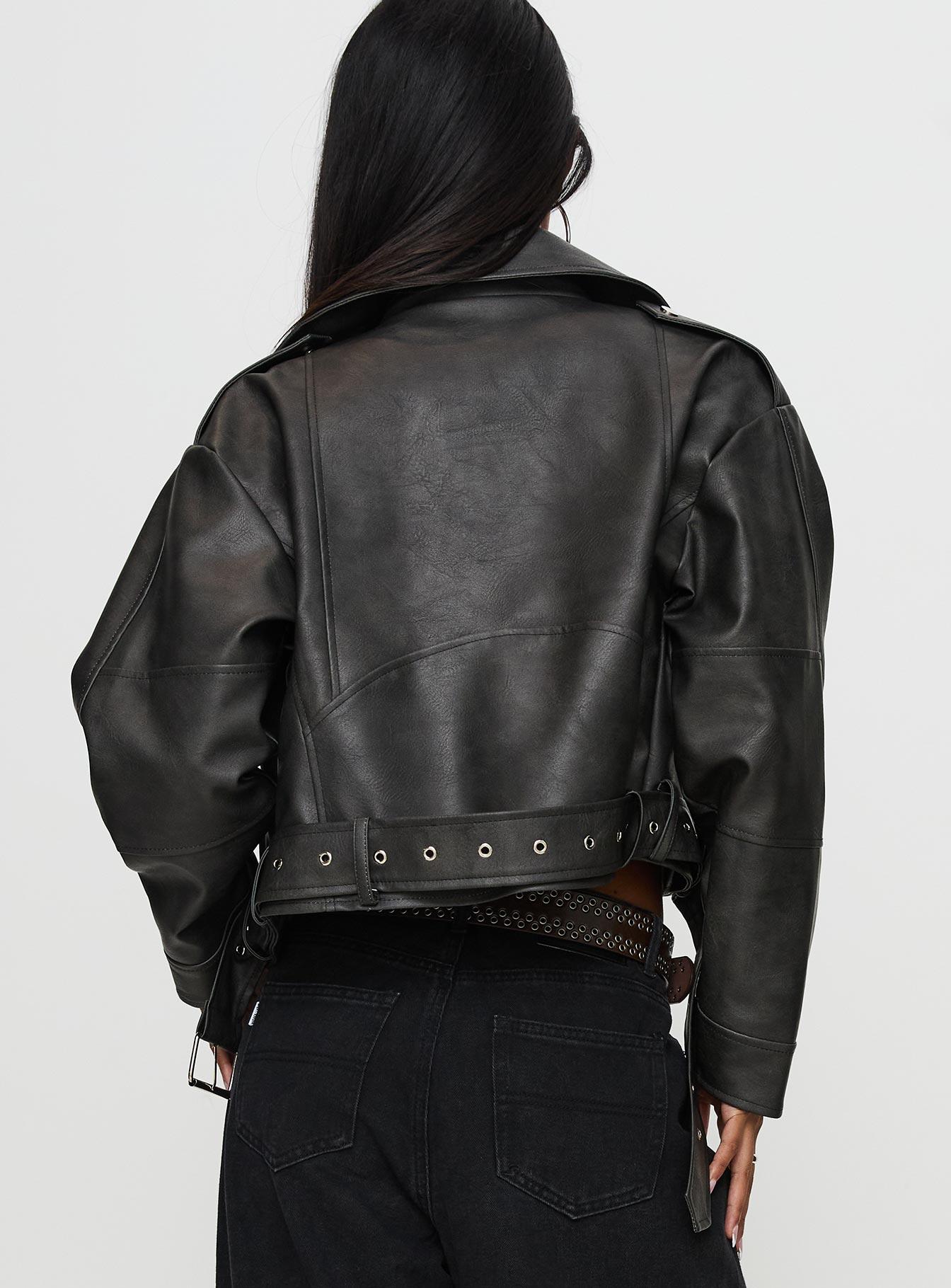 Face The Wind Faux Leather Jacket Grey Product Image