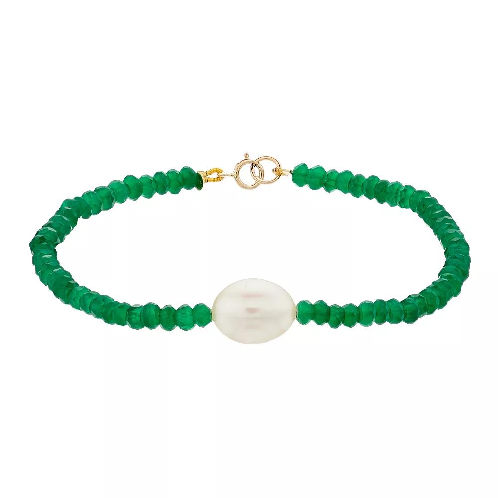 Jewelmak 14k Gold Green Onyx Rondelle Freshwater Cultured Pearl Bracelet, Women's Product Image