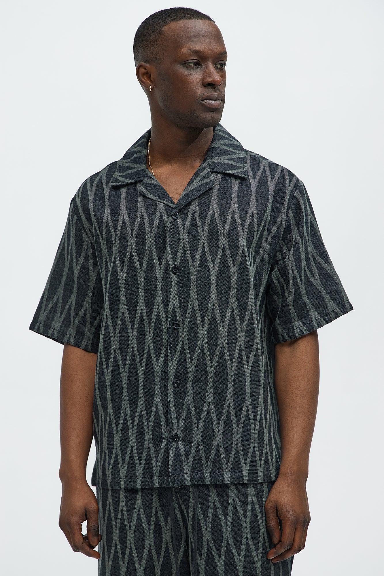 Waved Lines Cuban Collar Button Up Shirt - Black/combo Product Image