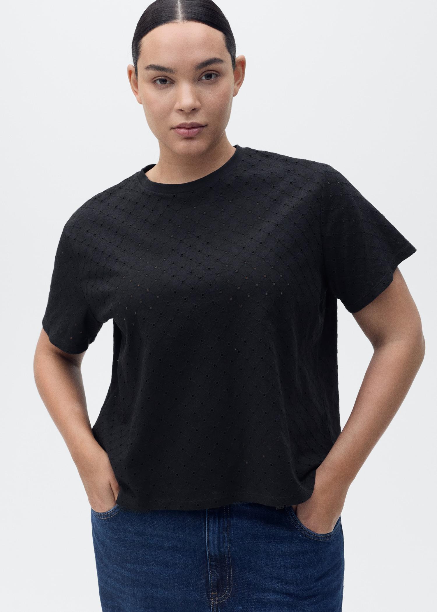 Embroidered openwork t-shirt - Women | MANGO USA Product Image